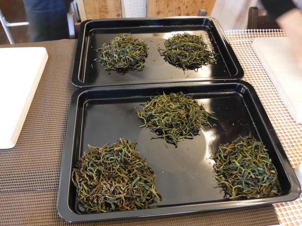 Hand-rolled tea leaves before the 2nd procedure of microwave oven. The color of tea leaves is not so red at this period.