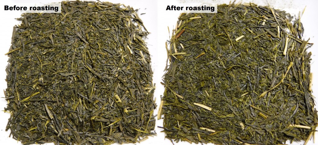 Color change of deep steamed tea by roasting.