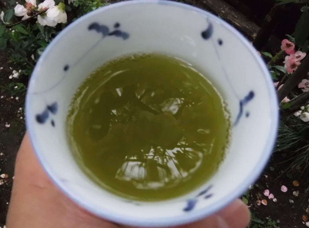 10 Cherry blossoms reflecting on the surface of green tea