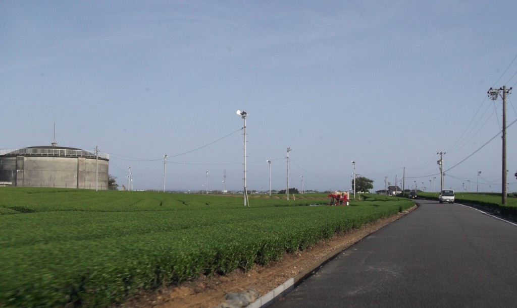 A water storage tank next to tea plantations on Makinohara upland.