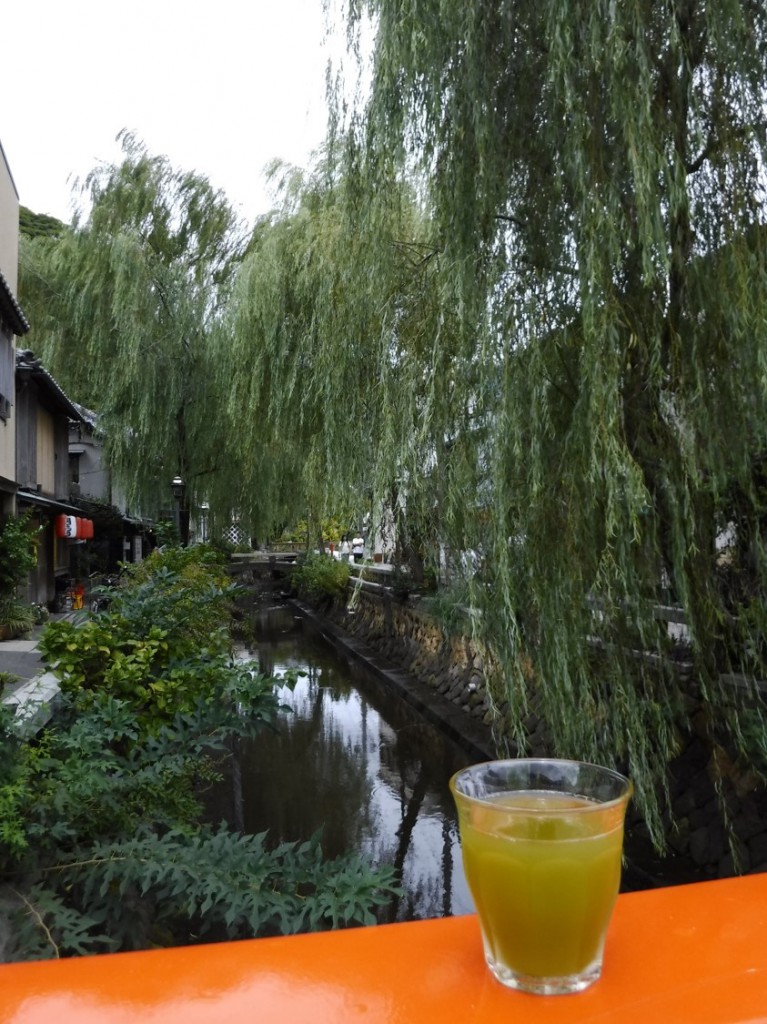 A cup of Guri tea with a nostalgic street view and a clean stream in Shimoda city.